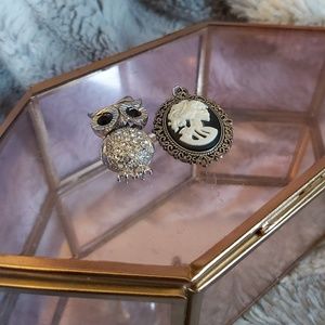 Necklace drops; sparkly owl and victorian cameo